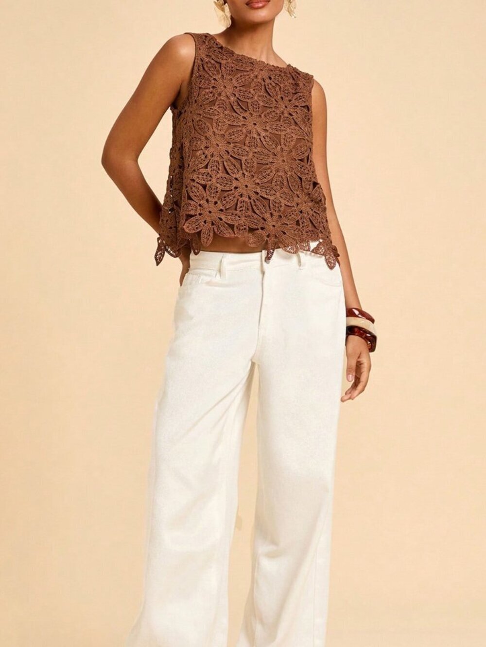 Coffee Brown Boho Crochet Women's Sleeveless Crew Neck Top Vacation Beach - Picture 6 of 7